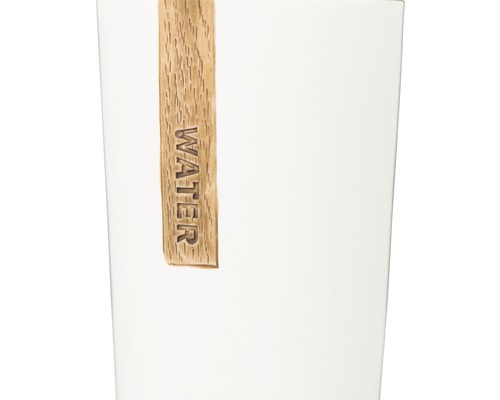 Witte plantenpot met houten label met het woord Water