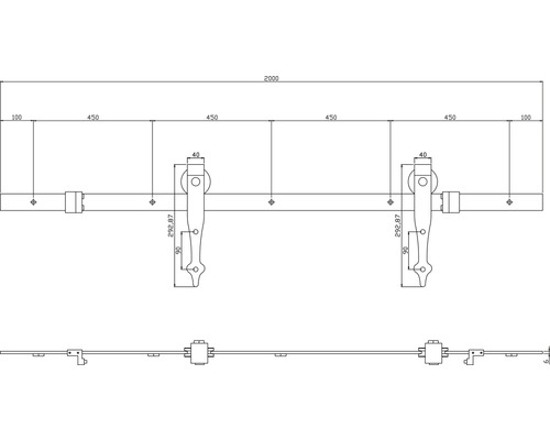 Technische tekening van een schuifdeursysteem met afmetingen.