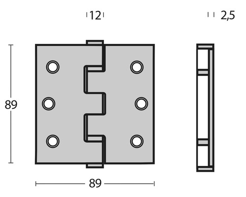 Afbeelding van een deurscharnier met afmetingen 89x89x2,5 millimeter