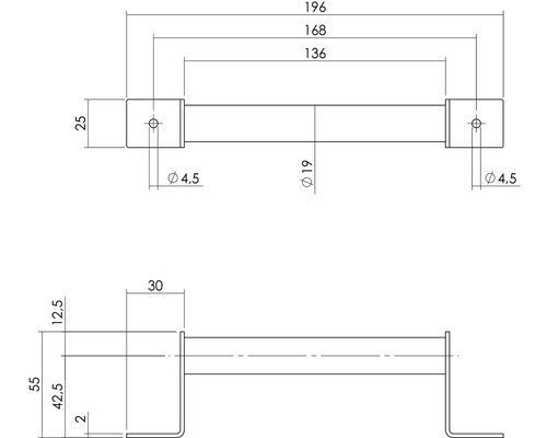 Technische tekening van een meubelgreep met maataanduidingen