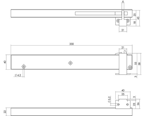 Technische tekening van een raamkruk met afmetingen