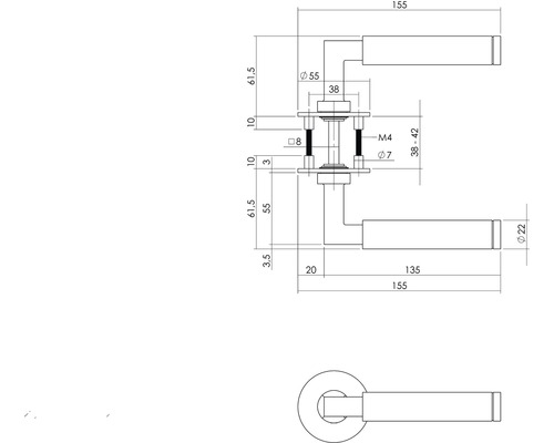 Technische tekening van een deurklink met afmetingen