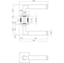 Technische tekening van een deurklink met afmetingen
