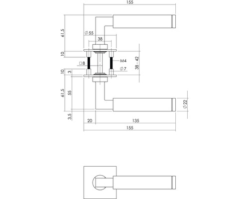 Technische tekening van een deurklink met afmetingen