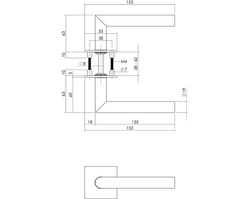 Technische tekening van een deurklink met afmetingen