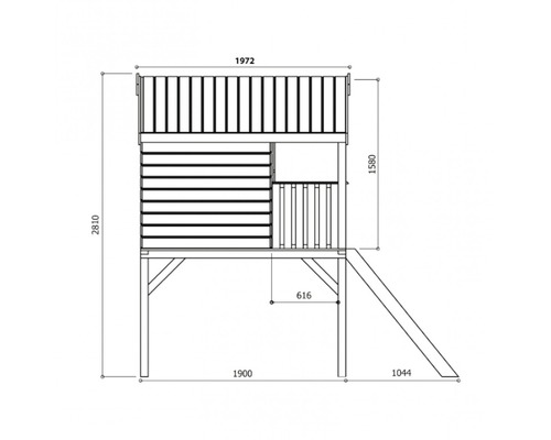 Technische tekening van een speelhuis met afmetingen