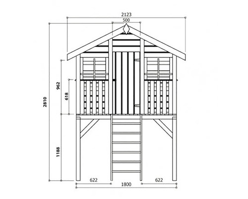 Maattekening van een houten speelhuis met ladder