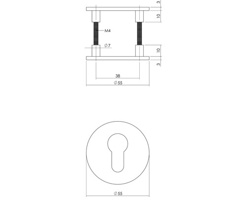 Technische tekening van een deurbeslag met maataanduidingen