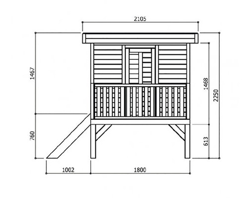 Technische tekening van een speelhuis met glijbaan en afmetingen