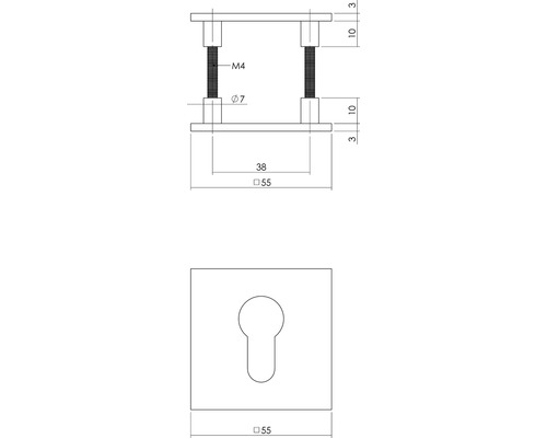 Technische tekening van een deurbeslag met maatvoering