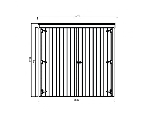 Technische tekening van een tuinhuis met maatvoering.