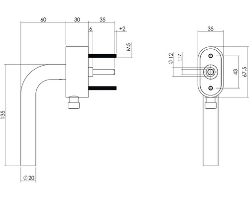 Technische tekening van een raamkruk met maataanduidingen