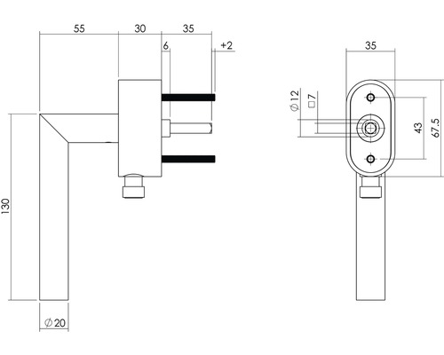 Technische tekening van een raamkruk met maatvoering