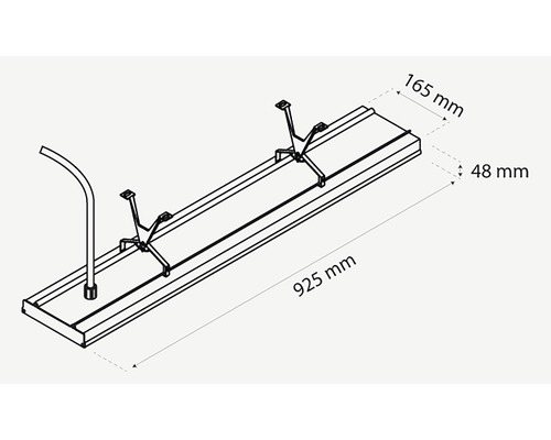 Technische tekening van een rail met de afmetingen 925 mm lengte, 165 mm breedte en 48 mm hoogte