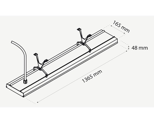 Technische tekening van een railsysteem met de afmetingen 1365 mm lengte, 165 mm breedte en 48 mm hoogte.
