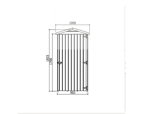 Technische tekening van een tuinhuis met afmetingen.