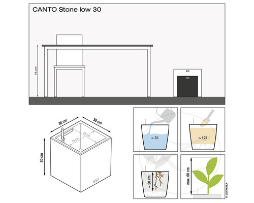 Afbeelding met maataanduidingen van de Canto Stone Low 30 plantenbak