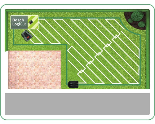 Weergave van een tuin met een robotmaaier die in banen maait