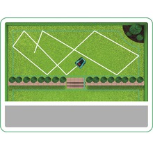 Bovenaanzicht van een tuin met robotmaaier en perimeterdraad