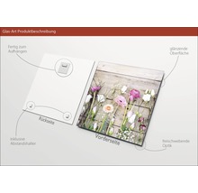 Glazen schilderij met bloemmotief, inclusief wandhouder en afstandhouder