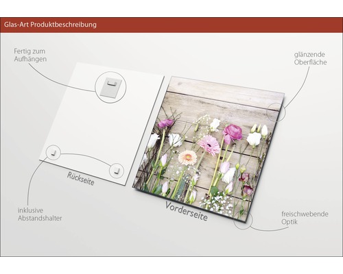 Glazen schilderij met bloemmotief, inclusief wandhouder en afstandhouder