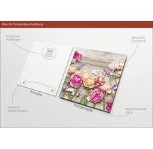 Glazen foto met bloemmotief op houtlook, inclusief ophangsysteem en afstandhouders