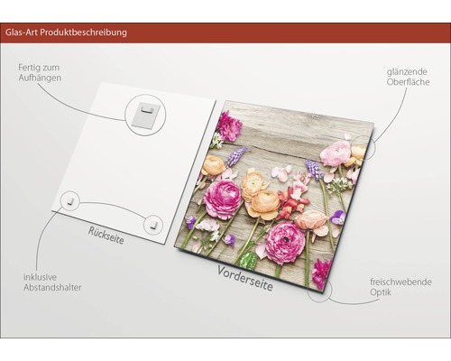 Glazen foto met bloemmotief op houtlook, inclusief ophangsysteem en afstandhouders