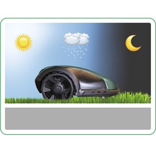 Robotmaaier met symbolen voor zon, regen en maan voor gebruik overdag en ''s nachts