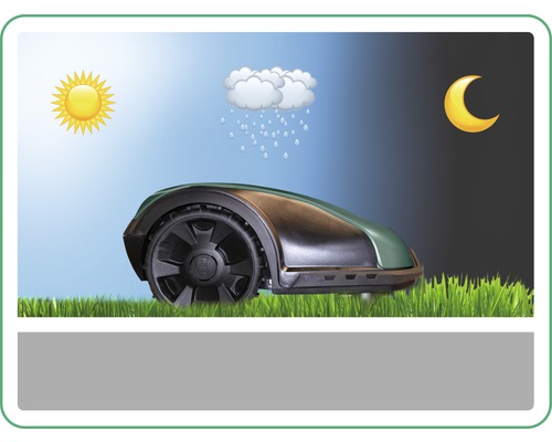 Robotmaaier met symbolen voor zon, regen en maan voor gebruik overdag en ''s nachts