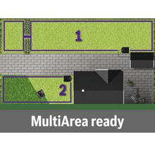 Bovenaanzicht van een tuin met robotmaaier, die op meerdere oppervlakken kan worden gebruikt