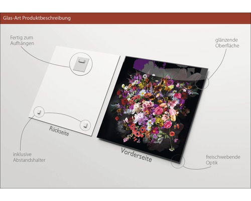 Glasfoto met bloemmotief, inclusief ophanging en afstandhouder
