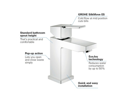 Wastafelarmatuur met standaard uitloophoogte en pop-up functie voor eenvoudige installatie