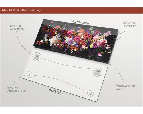 Glasfoto met bloemmotief, glanzend oppervlak, inclusief afstandhouders voor een zwevende look, klaar om op te hangen, voor- en achterkant afgebeeld