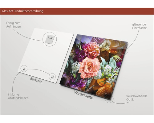 Glasfoto met bloemmotief, inclusief wandhouder