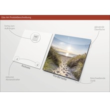 Productbeschrijving glazen schilderij met strandmotief, inclusief afstandhouders en ophangsysteem