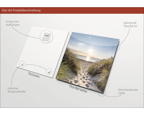 Productbeschrijving glazen schilderij met strandmotief, inclusief afstandhouders en ophangsysteem