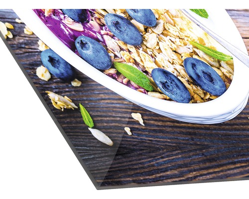 Acrylglasfoto met kom muesli, blauwe bessen en munt