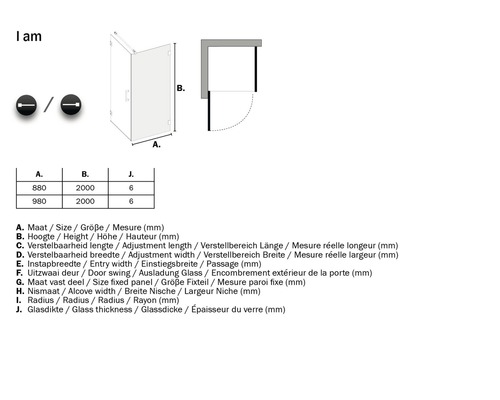 Technische tekening van een douchewand met maatvoering