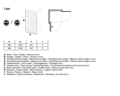 Technische tekening van een douchecabine met afmetingen