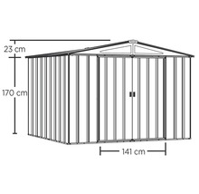 Afbeelding van een tuinhuis met de afmetingen 170 cm hoogte, 141 cm breedte en 23 cm dakhoogte.