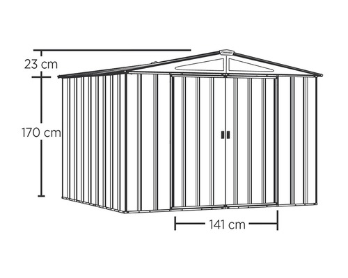 Afbeelding van een tuinhuis met de afmetingen 170 cm hoogte, 141 cm breedte en 23 cm dakhoogte.