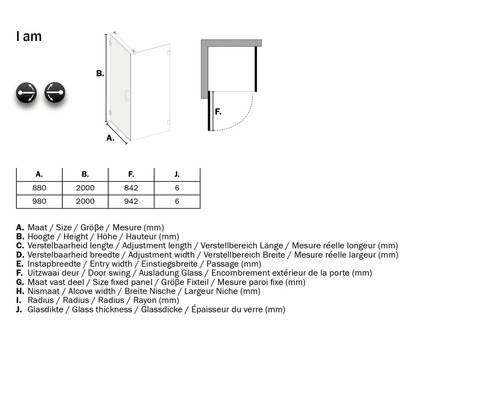 Technische tekening van een douchecabine met afmetingen