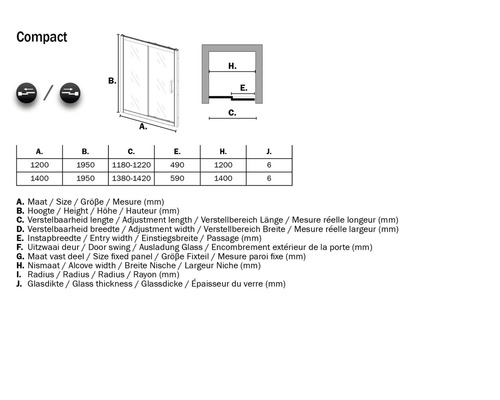 Technische tekening van een douchecabine met maatvoering