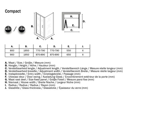 Technische tekening van een douche met afmetingen
