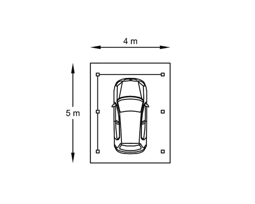 Bovenaanzicht van een garage met afmetingen van 4 x 5 meter en een auto