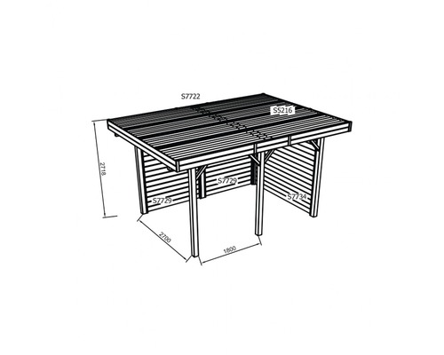 Technische tekening van een houten carport met maatvoering