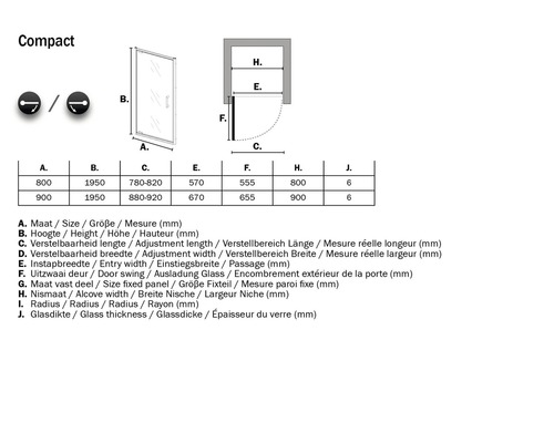 Technische tekening van een douchecabine met afmetingen