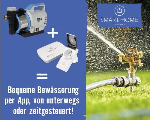Afbeelding van een tuinbewateringssysteem met pomp, Smart Home bediening en gazonsproeier voor comfortabele bewatering