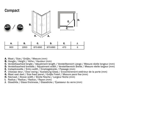 Technische tekening van een hoekinstapdouche met afmetingen