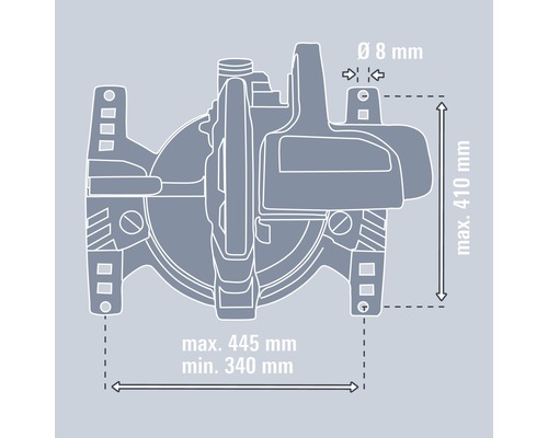 Afbeelding van de afmetingen van een pomp met een maximale breedte van 445 millimeter, een minimale breedte van 340 millimeter, een maximale hoogte van 410 millimeter en een diameter van 8 millimeter